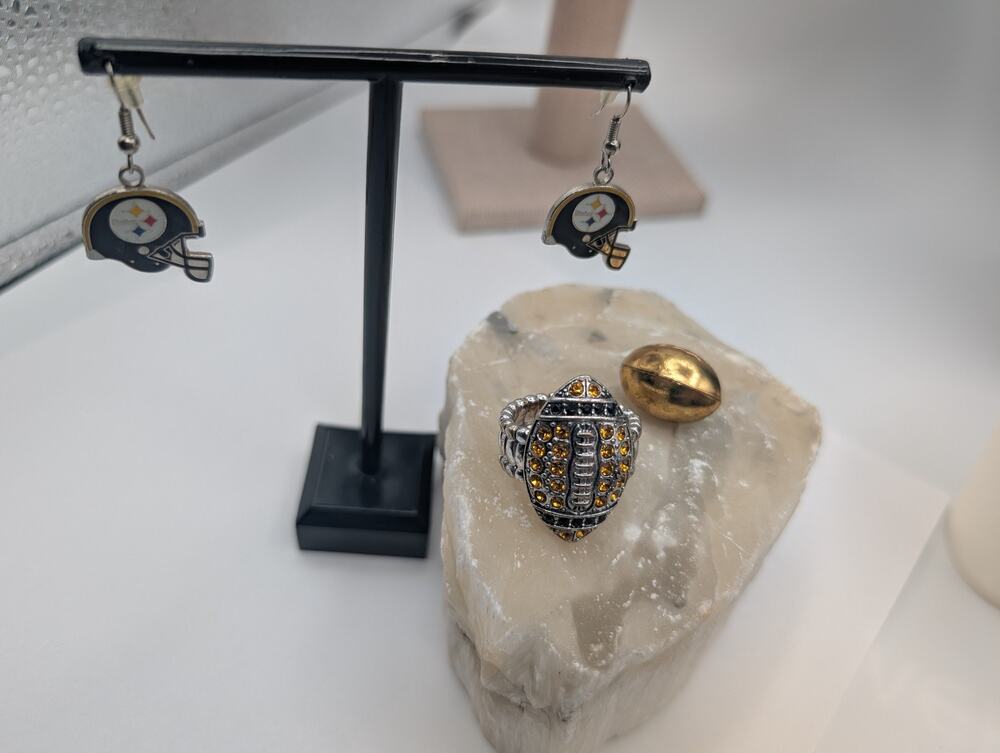 Pittsburgh Steelers Fan Jewelry Set: Helmet Earrings, Football Ring & Charm NFL